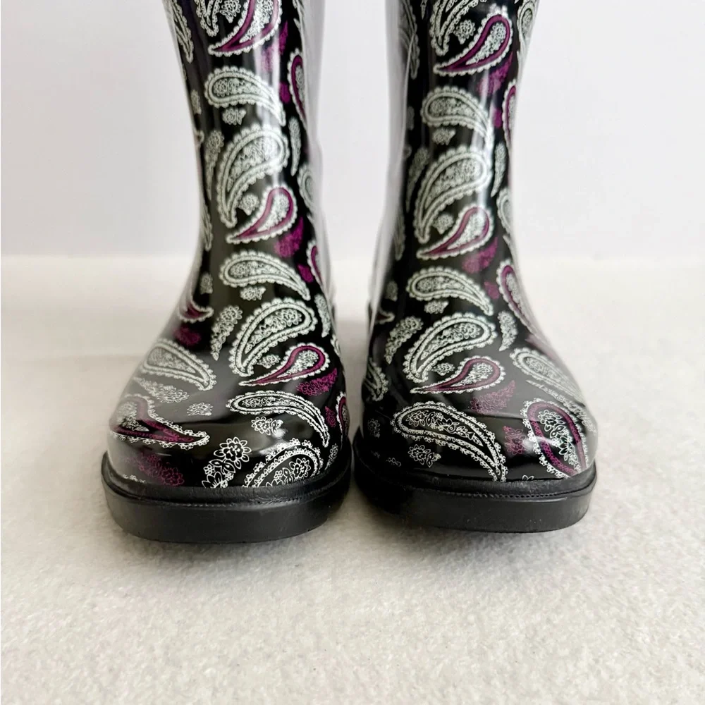 Paisley Rubber Rain Boots Black Purple Size 8 Tall Waterproof Outdoor